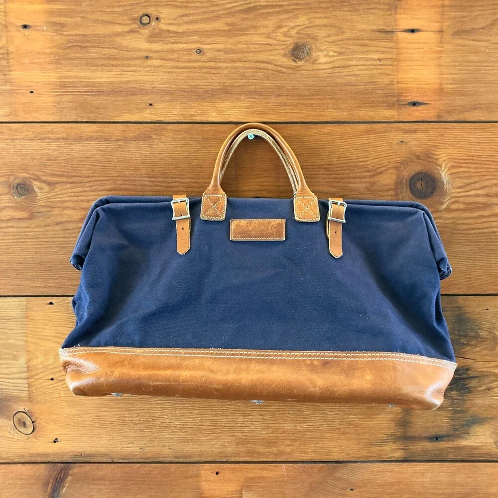 Schoolhouse Electric Navy Canvas Brown Leather Weekender Duffle Bag - 1229MR